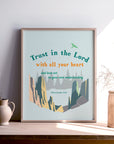 Proverbs 3:5 light blue scripture print with rocky mountain and trees design — Trust in the Lord with all your heart