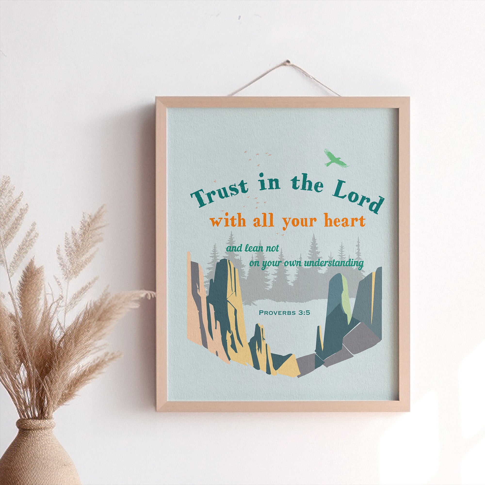 Proverbs 3:5 light blue Nature Series wall art displayed in a home — Trust in the Lord with all your heart