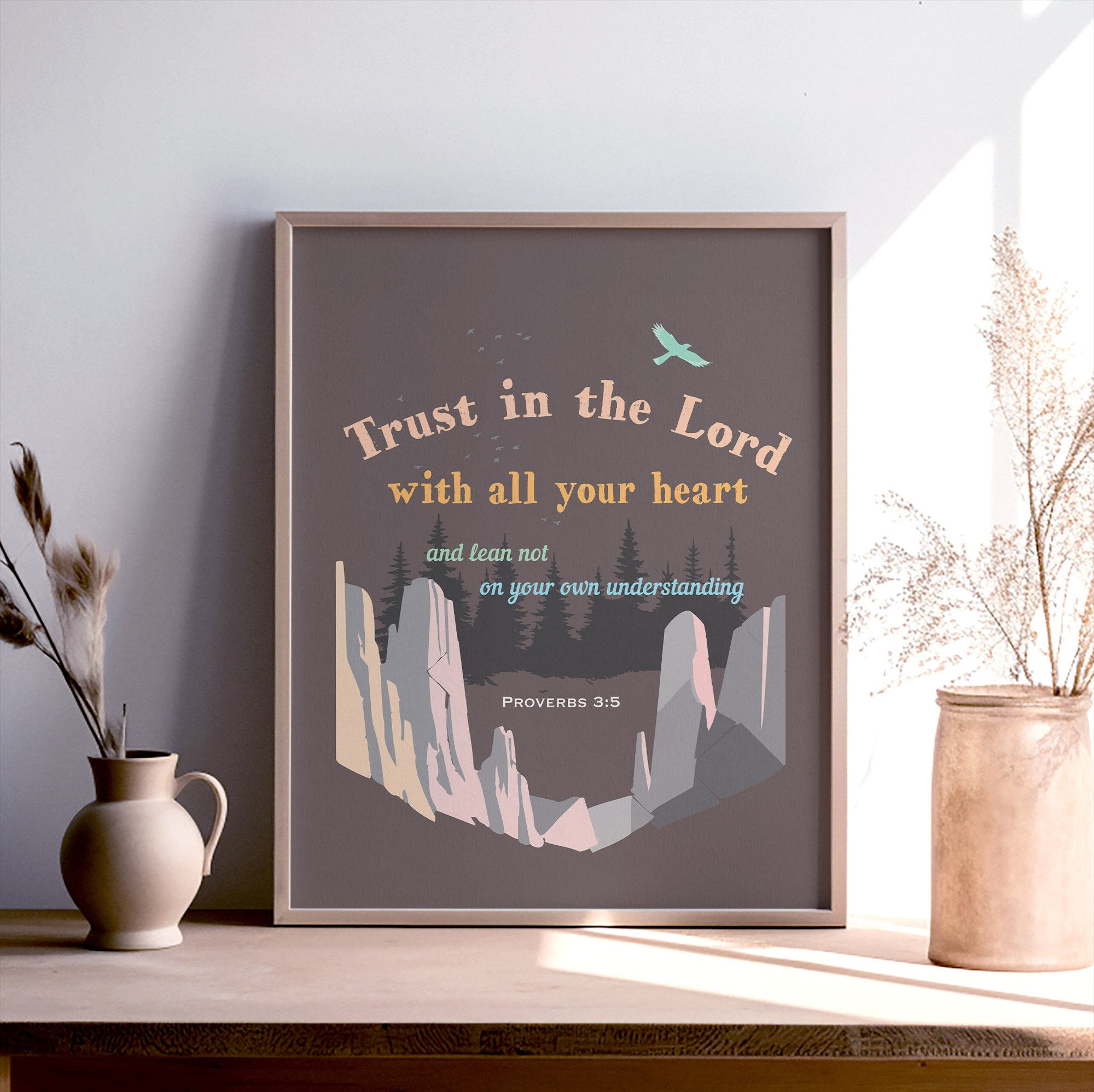 Proverbs 3:5 scripture print with rocky mountain and trees design — Trust in the Lord with all your heart