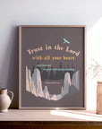 Proverbs 3:5 scripture print with rocky mountain and trees design — Trust in the Lord with all your heart
