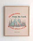 Christian mountain and forest light pink print of Psalm 121:2 — My help comes from the Lord Maker of heaven and earth