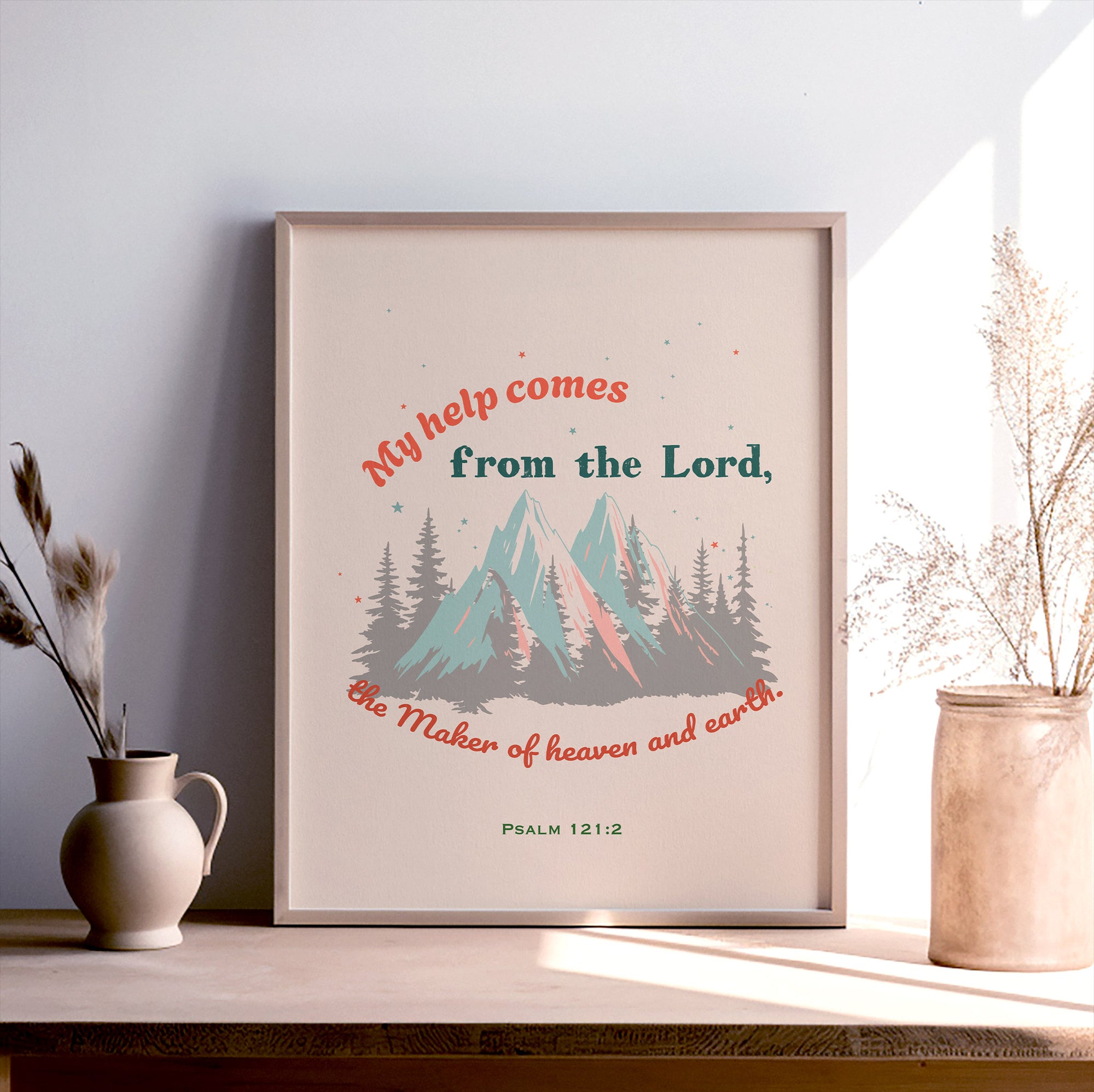 Psalm 121:2 scripture print with mountains and forest design light pink — My help comes from the Lord the Maker of heaven and earth