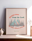 Psalm 121:2 scripture print with mountains and forest design light pink — My help comes from the Lord the Maker of heaven and earth
