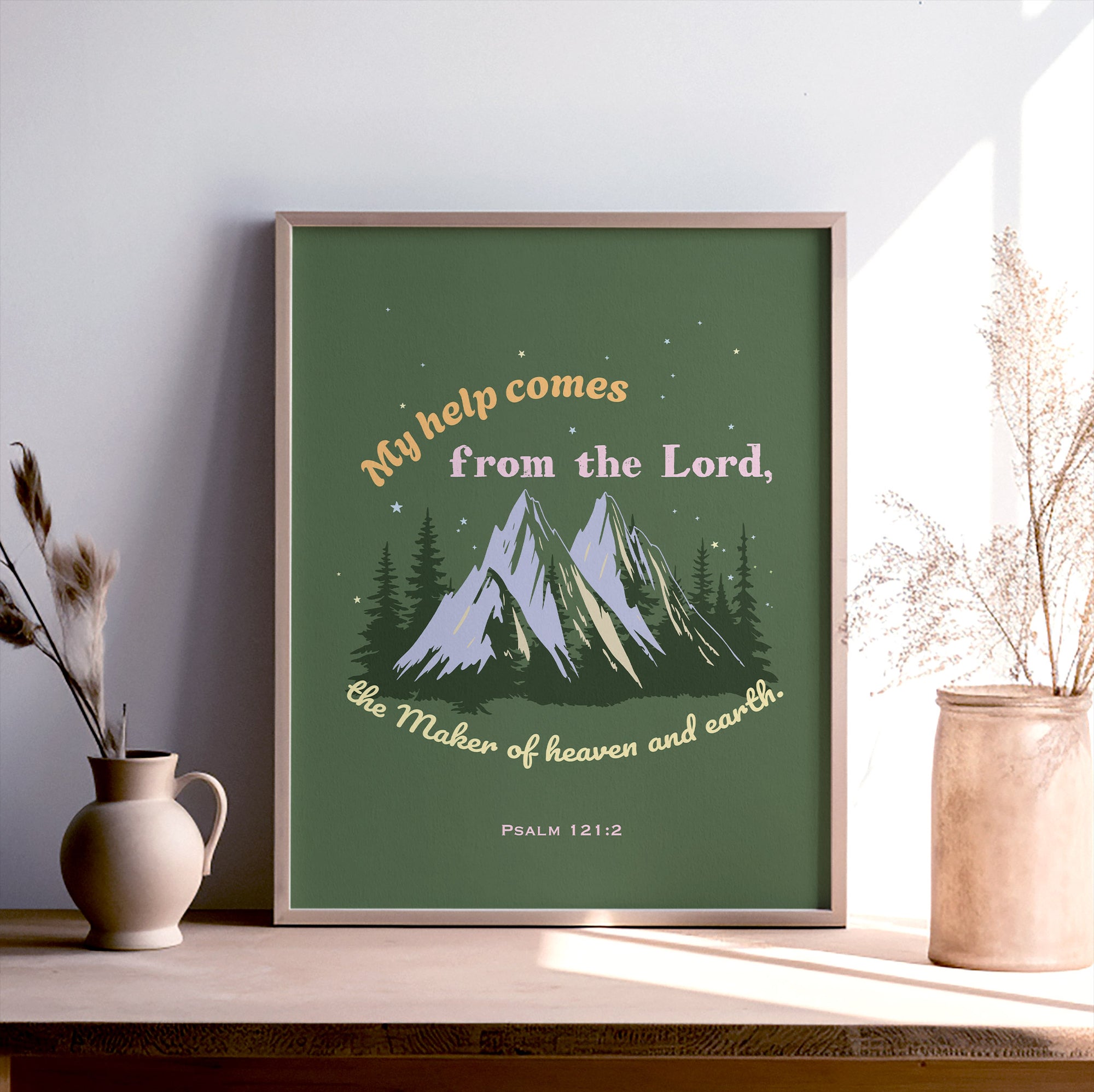 Psalm 121:2 scripture print with mountains and forest design — My help comes from the Lord the Maker of heaven and earth