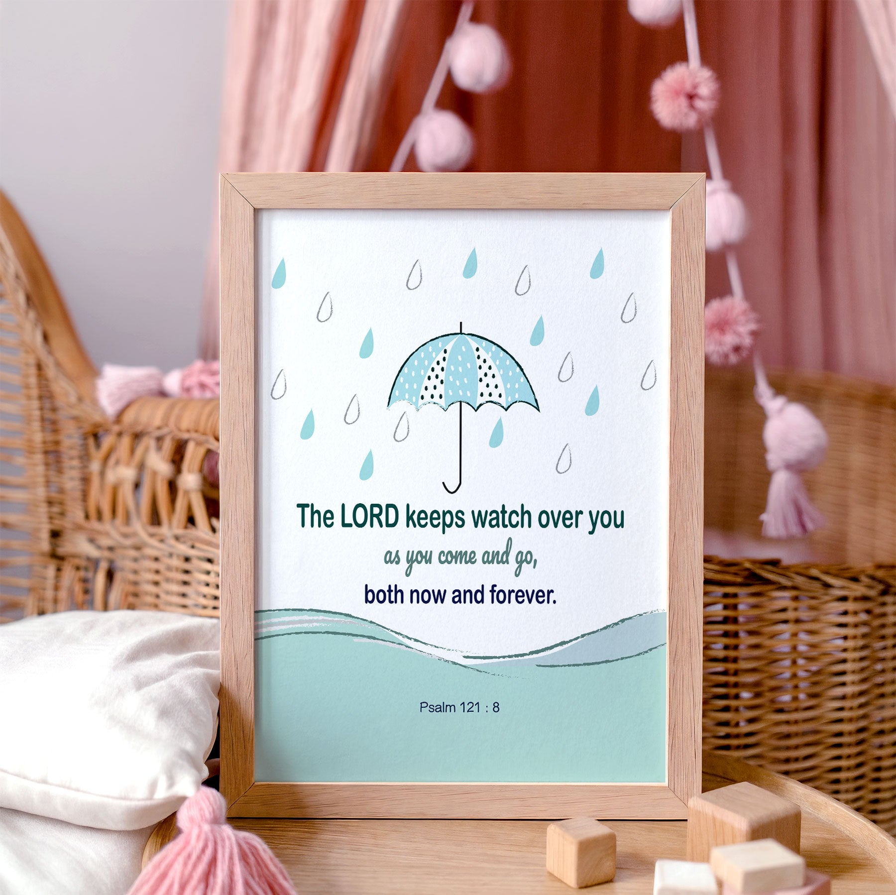 Christian kids room cute decor featuring Psalm 121:8 mint umbrella wall art