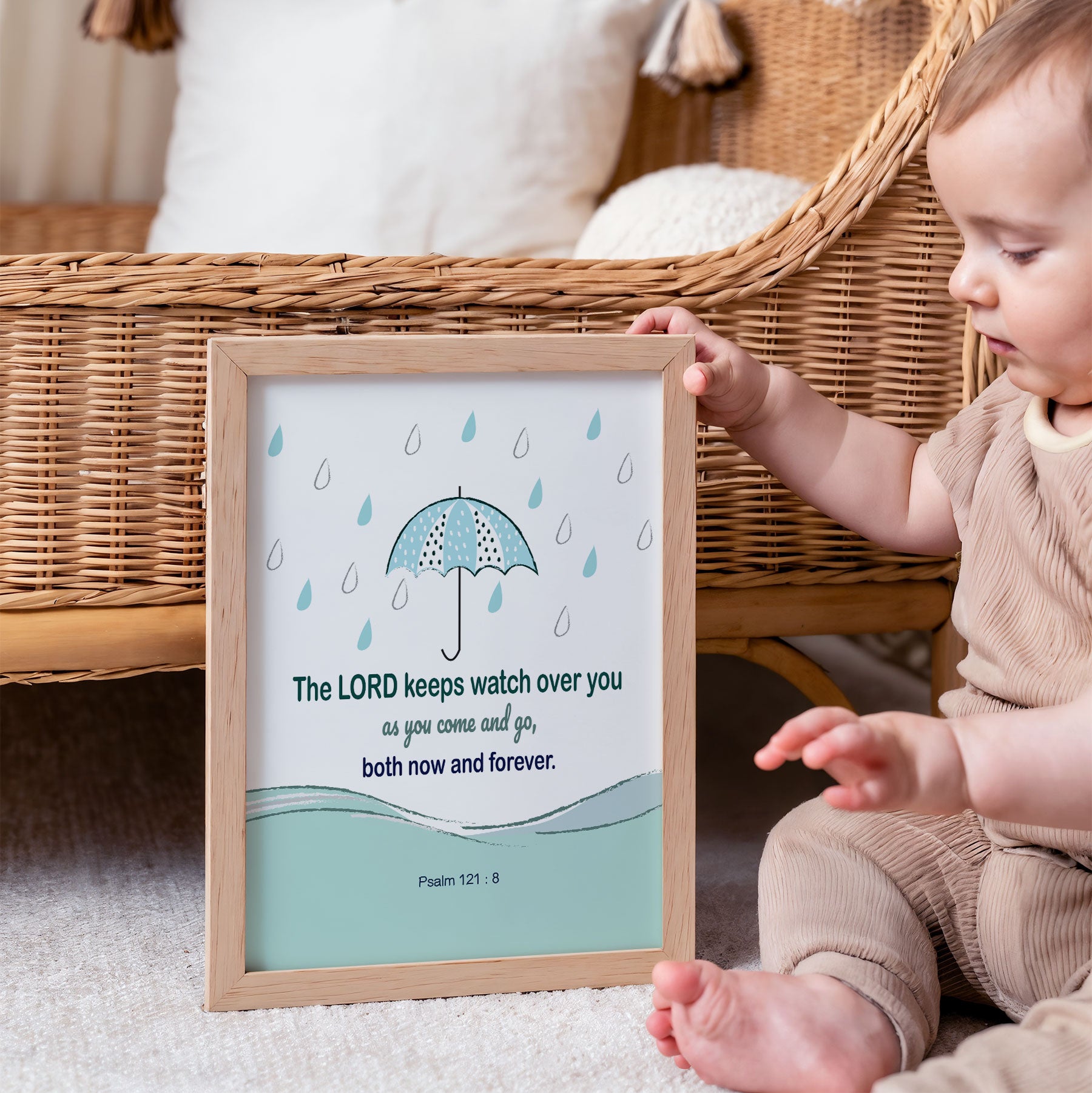 Psalm 121:8 scripture wall art displayed in cute nursery with umbrella and raindrop theme