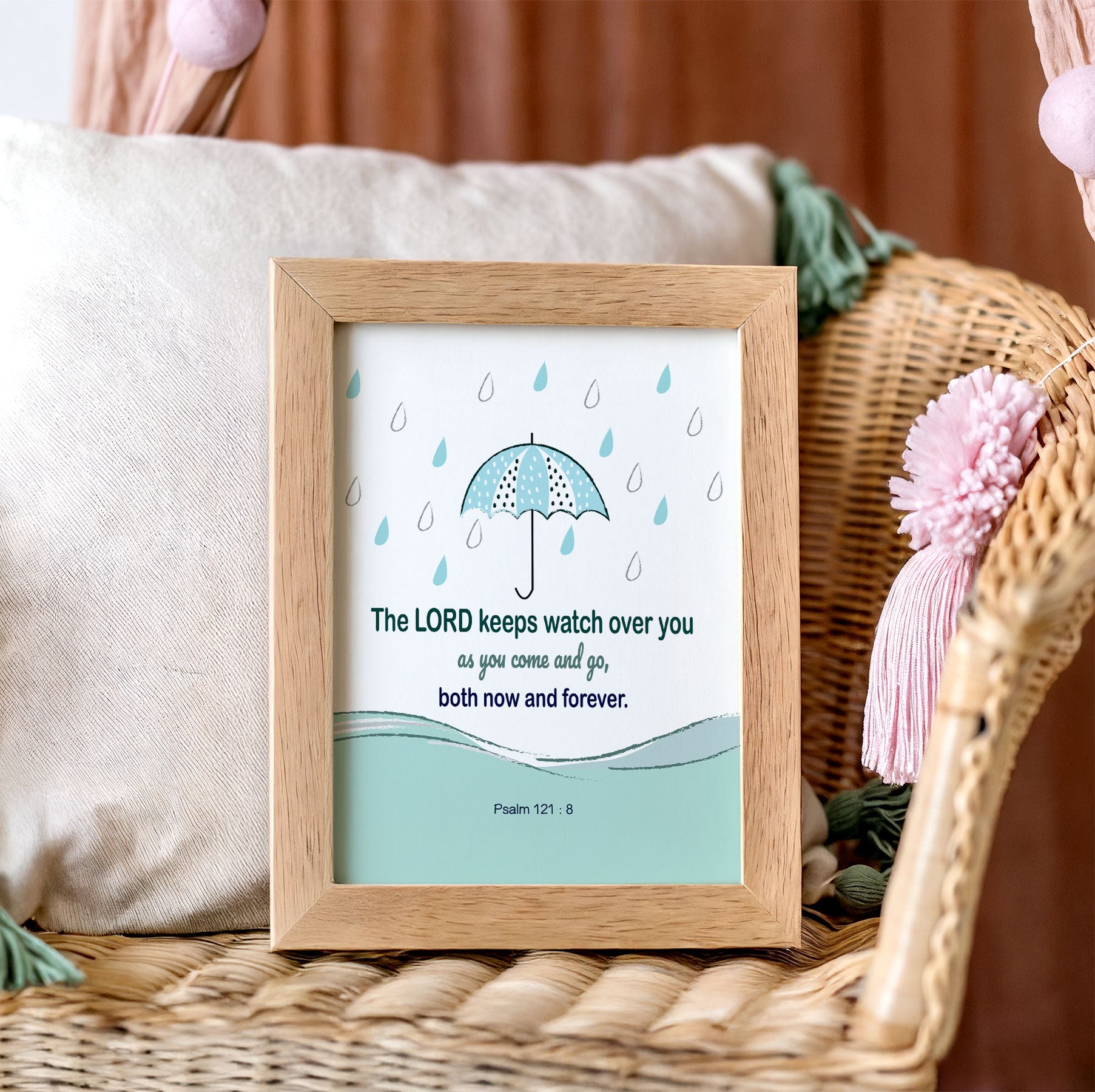 Mint Christian nursery decor with Psalm 121:8 scripture print in soft neutral interior