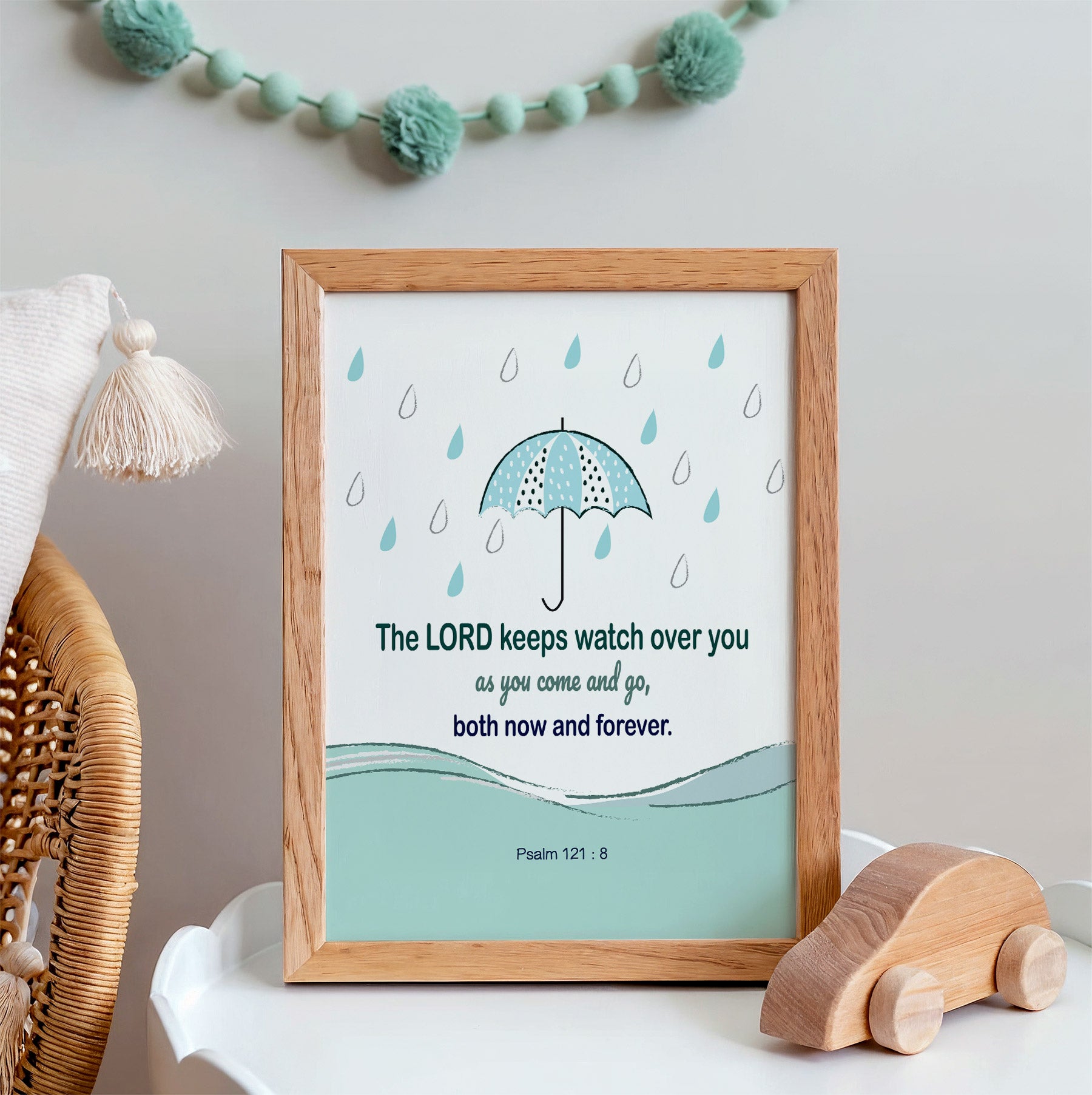 Cute christian kids room decor featuring Psalm 121:8 mint umbrella wall art