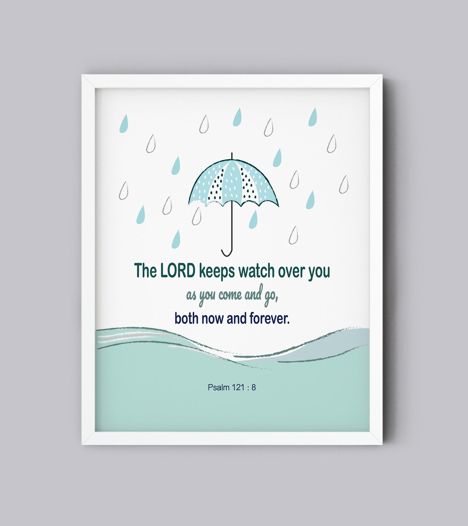 Psalm 121:8 wall art with mint raindrop and umbrella design for Christian nursery decor