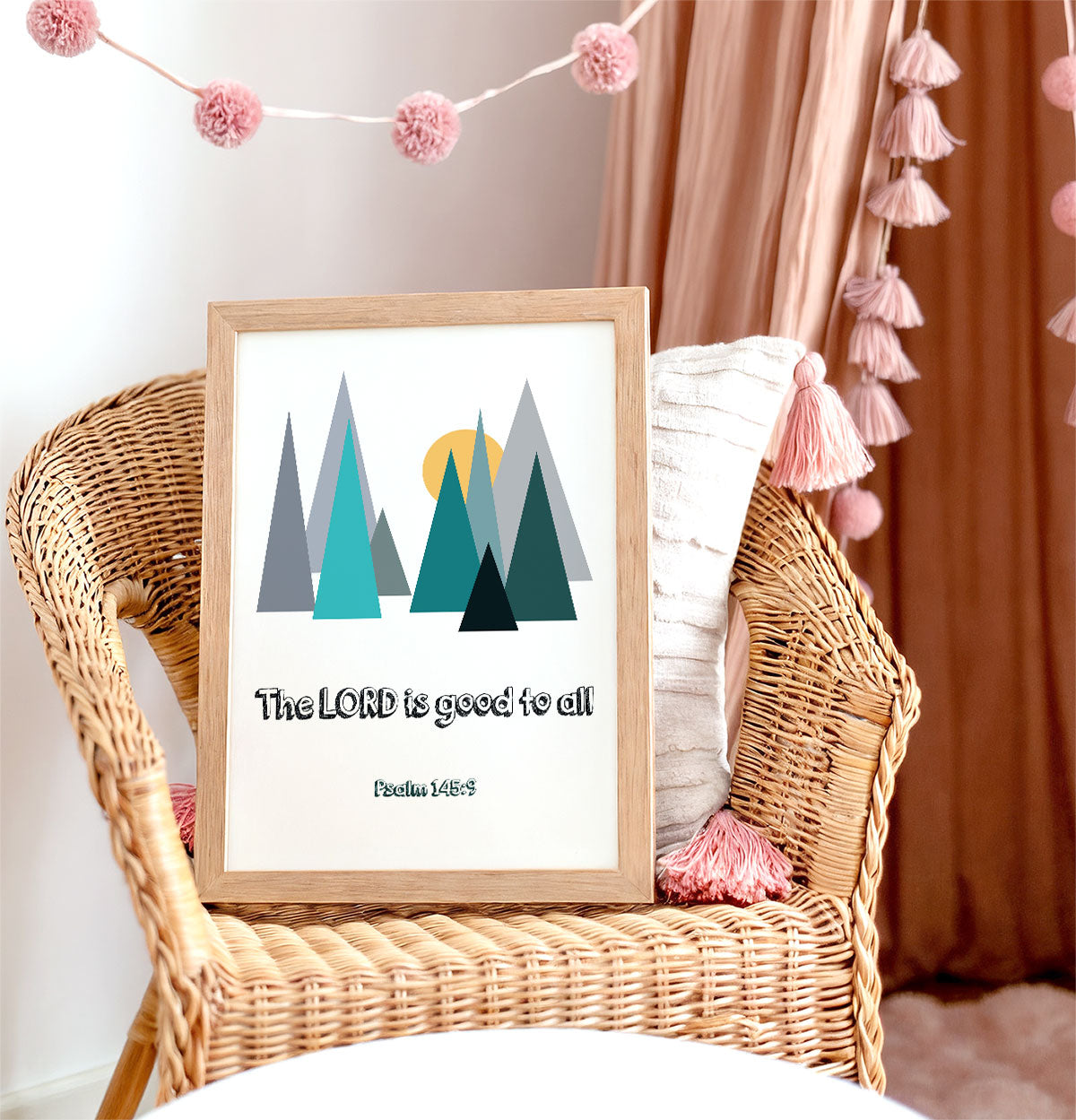 Cute christian kids room decor featuring Psalm 145:9 green mountain wall art
