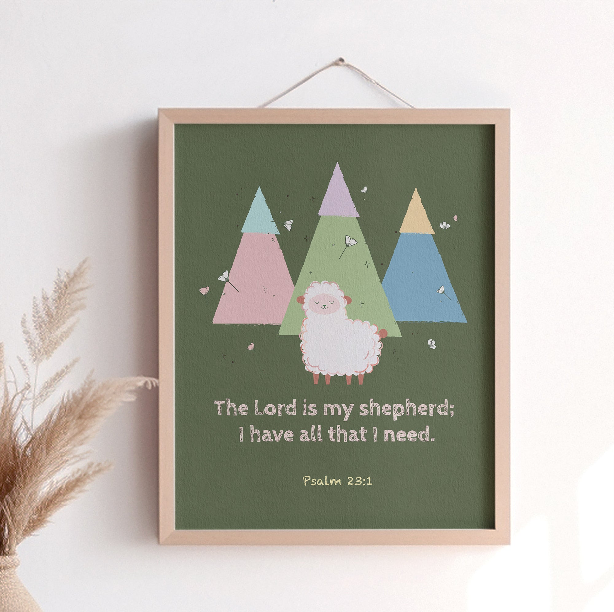 Christian nursery print of Psalm 23:1 — The Lord is my shepherd — with mountain and ship design