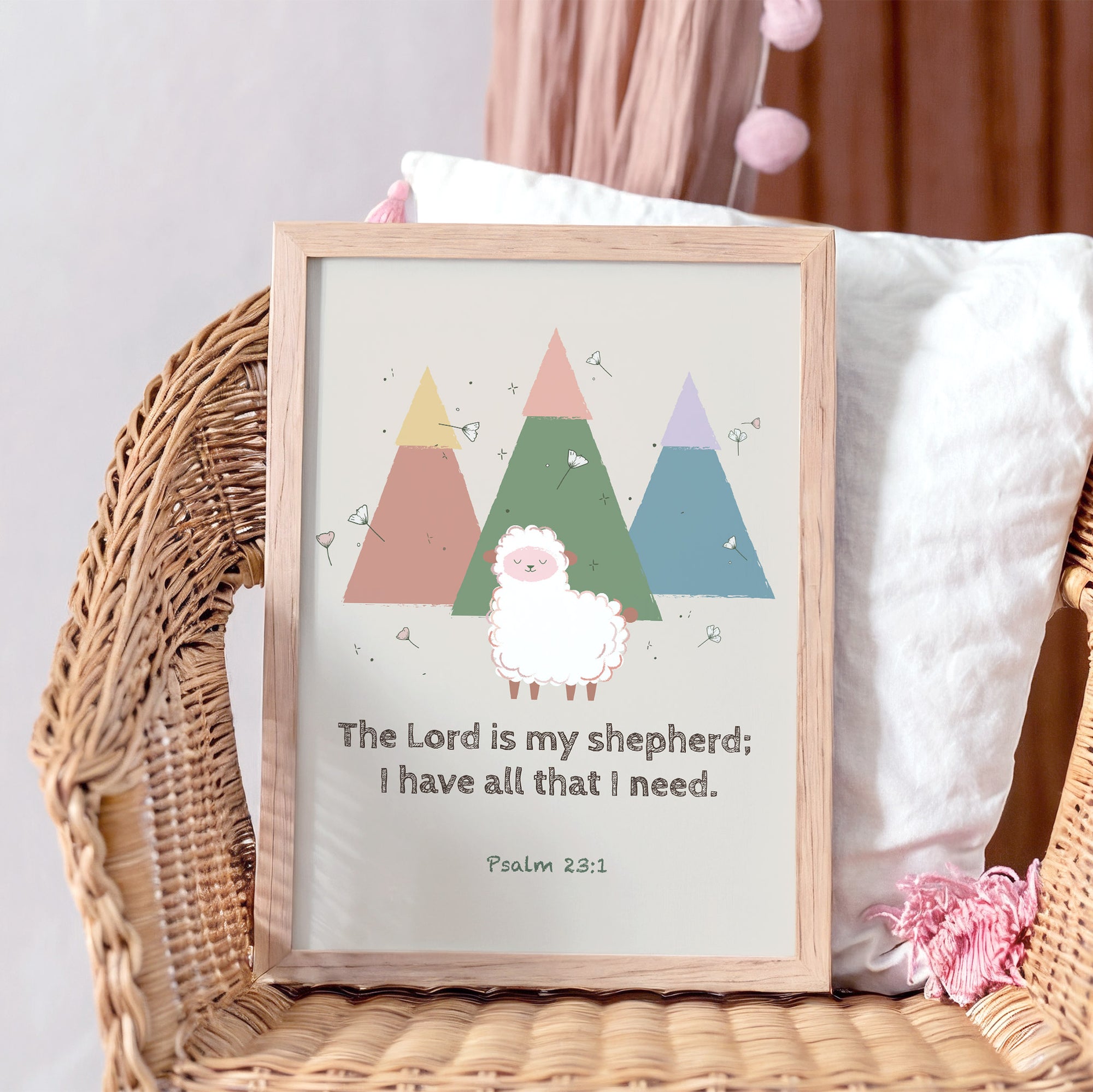 Psalm 23:1 kids wall art with mountains and ship illustration displayed in a pink girl's room