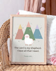 Psalm 23:1 kids wall art with mountains and ship illustration displayed in a pink girl's room