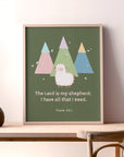 Psalm 23:1 kids wall art with mountains and ship illustration displayed in a child's bedroom