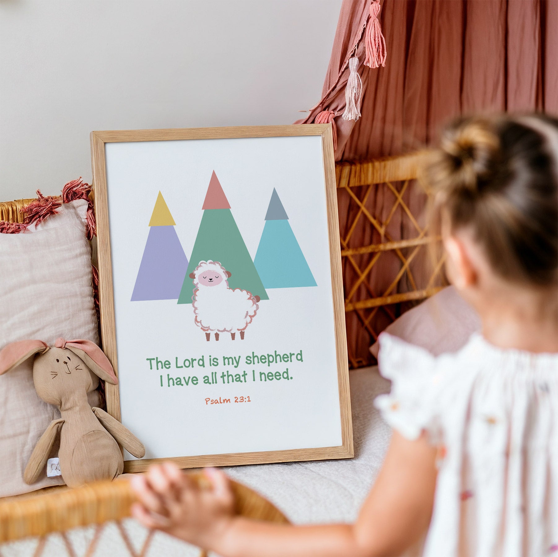 Christian kids room decor featuring Psalm 23:1 shepherd wall art print with a girl