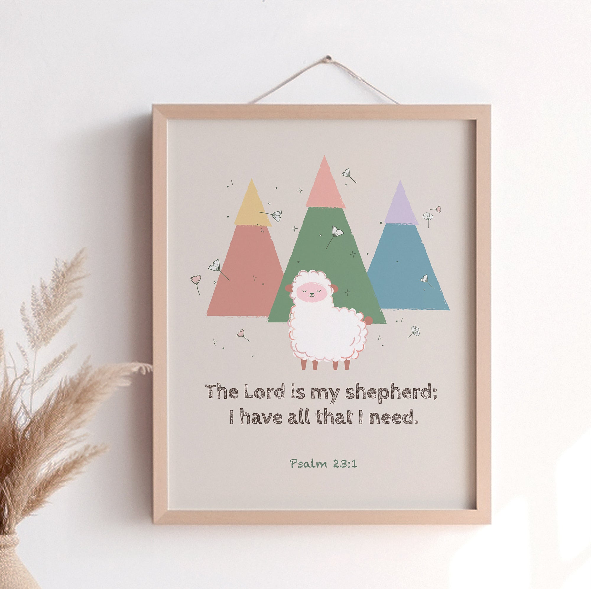 Christian pink nursery art print of Psalm 23:1 — The Lord is my shepherd — with mountain and ship design