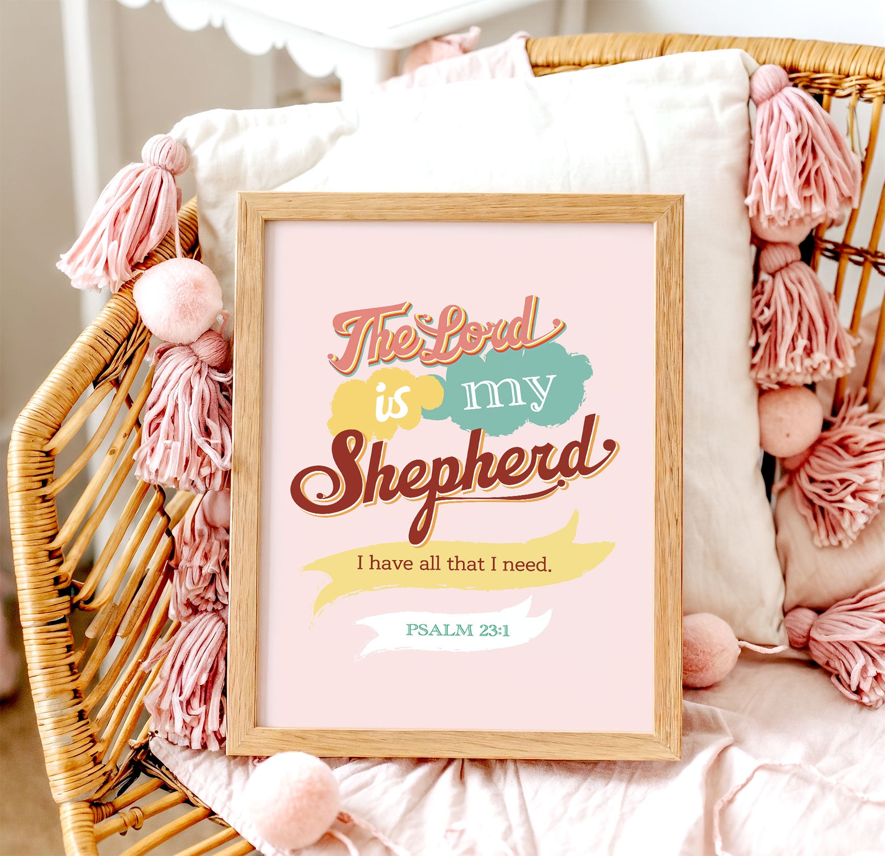 Pink pop-art Psalm 23:1 scripture print displayed in modern teen bedroom decor