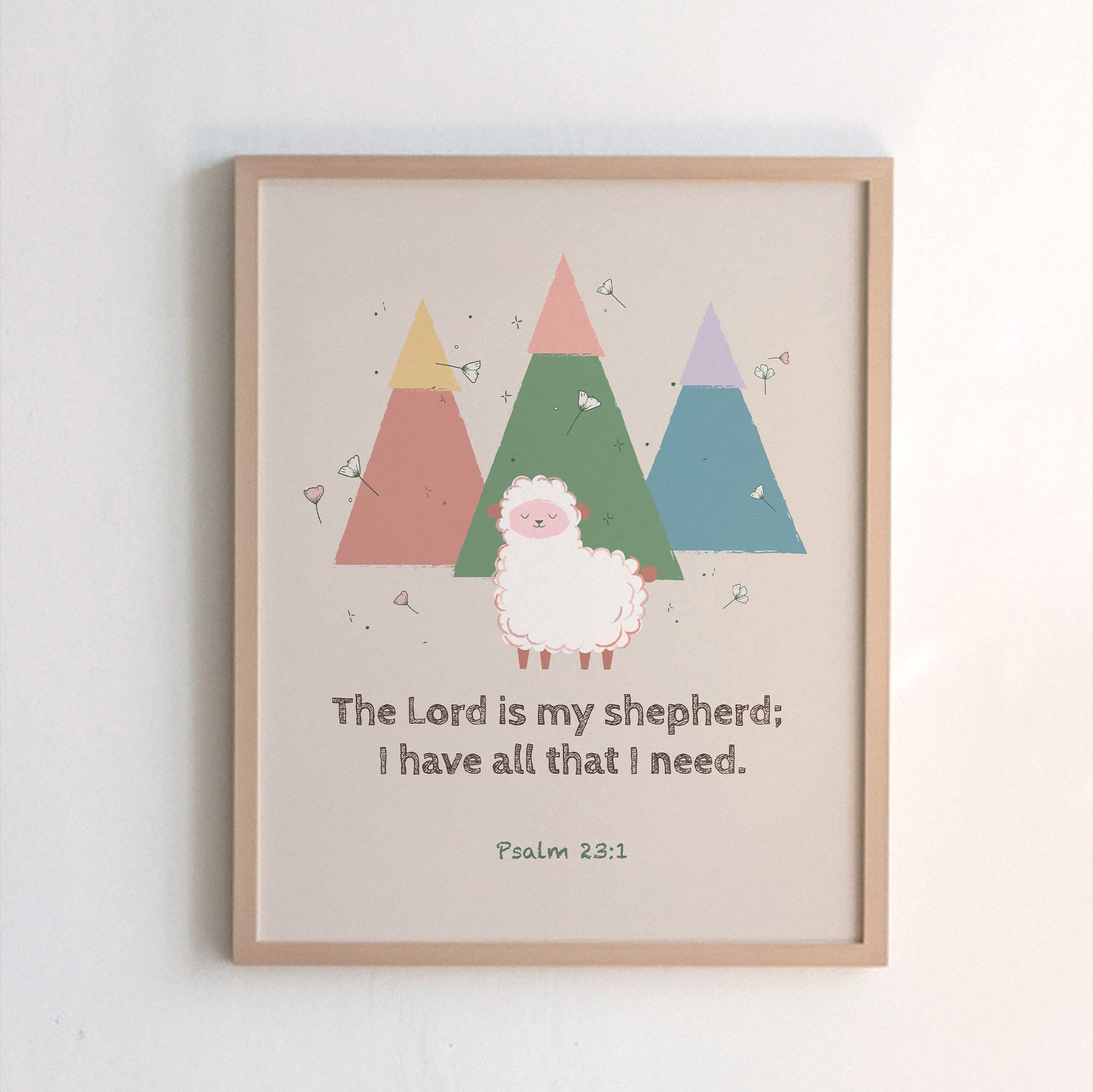 Psalm 23:1 pink kids scripture print featuring little mountains and a ship — The Lord is my shepherd; I have all that I need