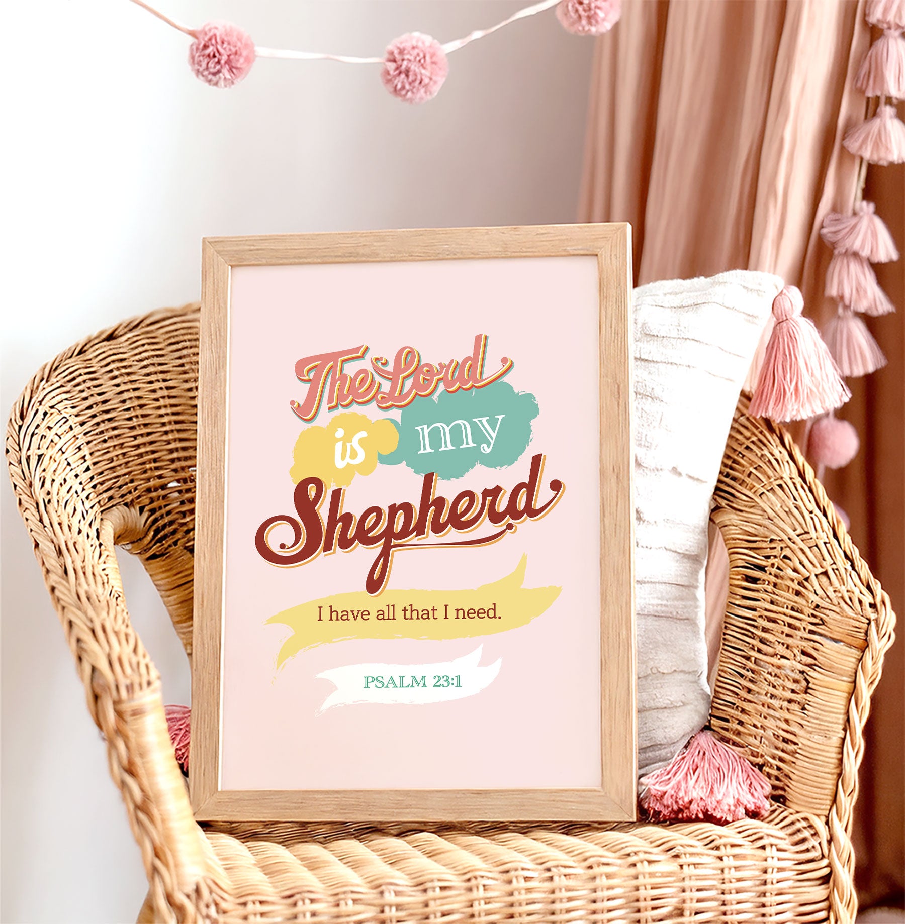 Modern Psalm 23:1 teen scripture wall art in colorful study space