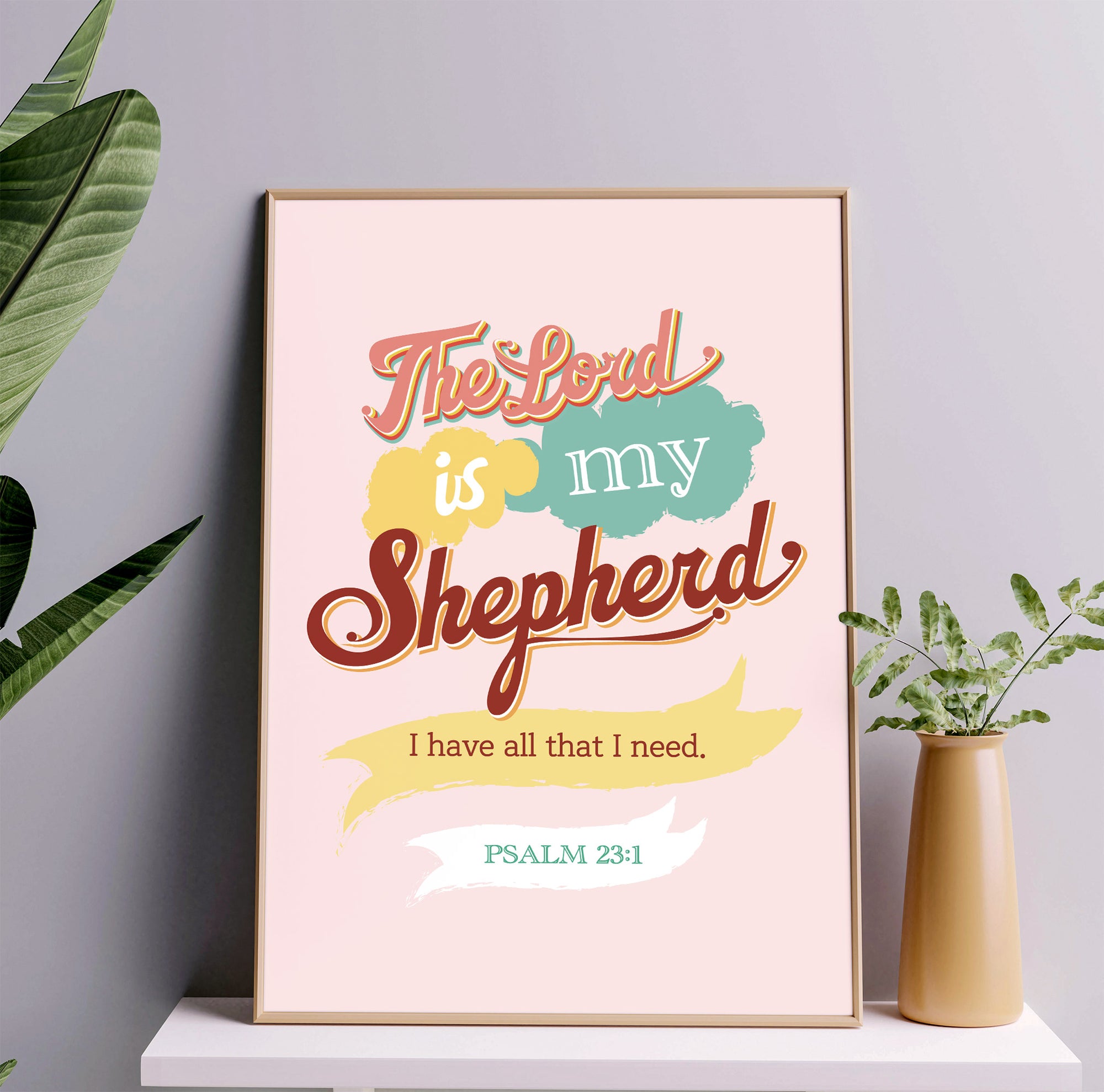 The Lord Is My Shepherd Psalm 23:1 Christian wall art in dorm room setting