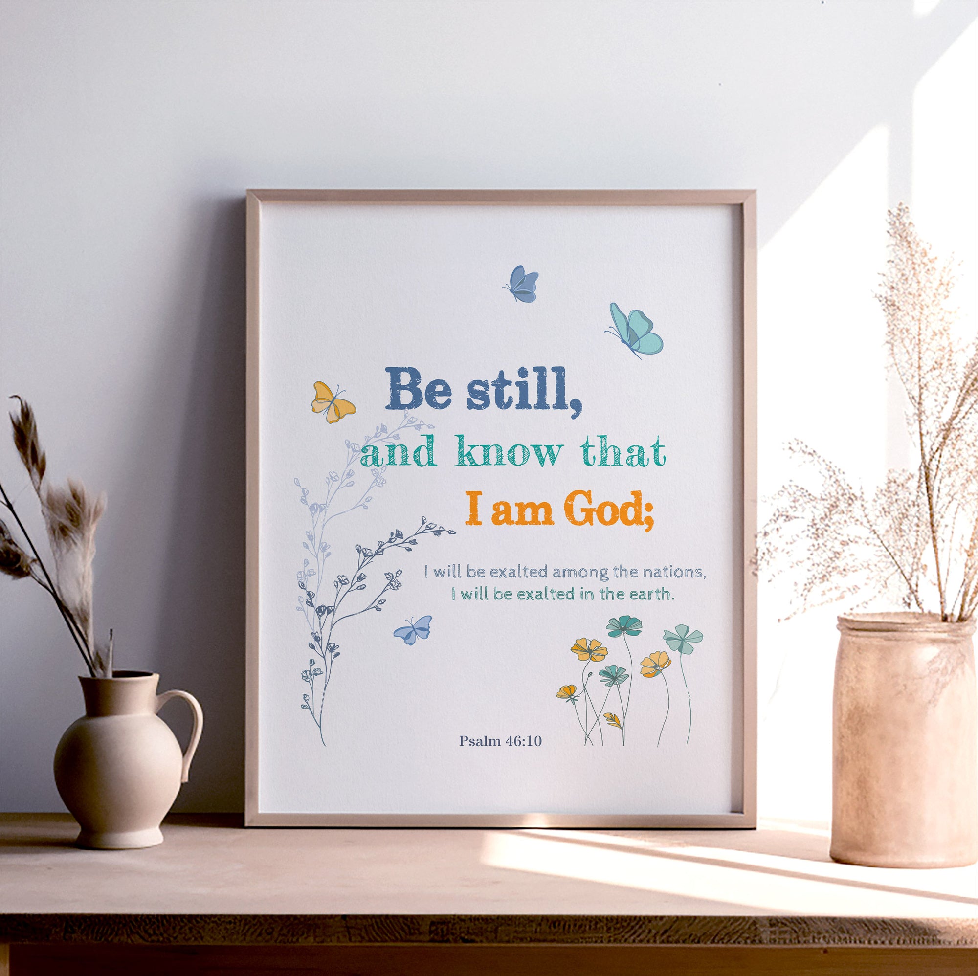 Psalm 46:10 scripture print light cloud with small flower pattern — Be still and know that I am God