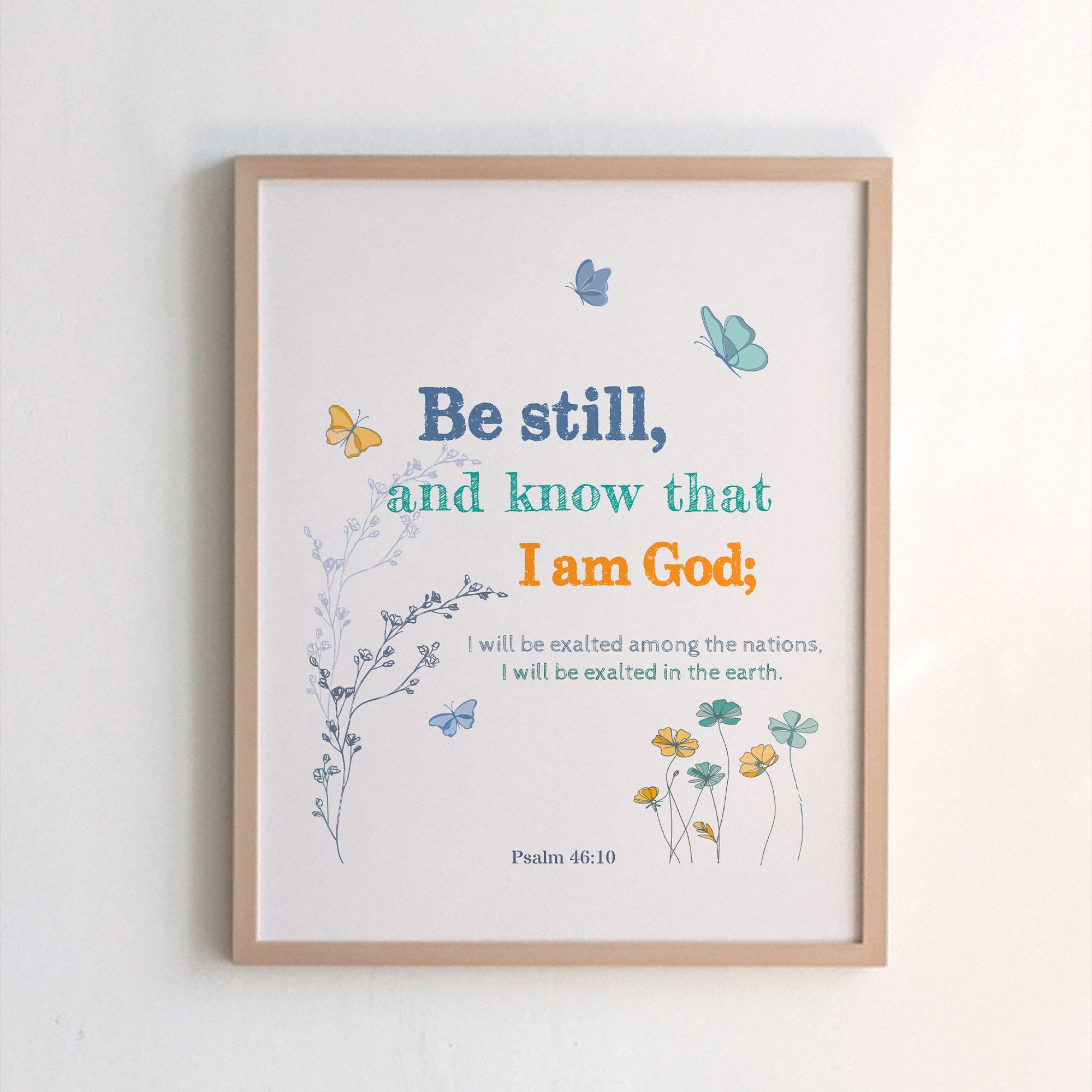 Christian light gray floral scripture print of Psalm 46:10 — Be still and know that I am God