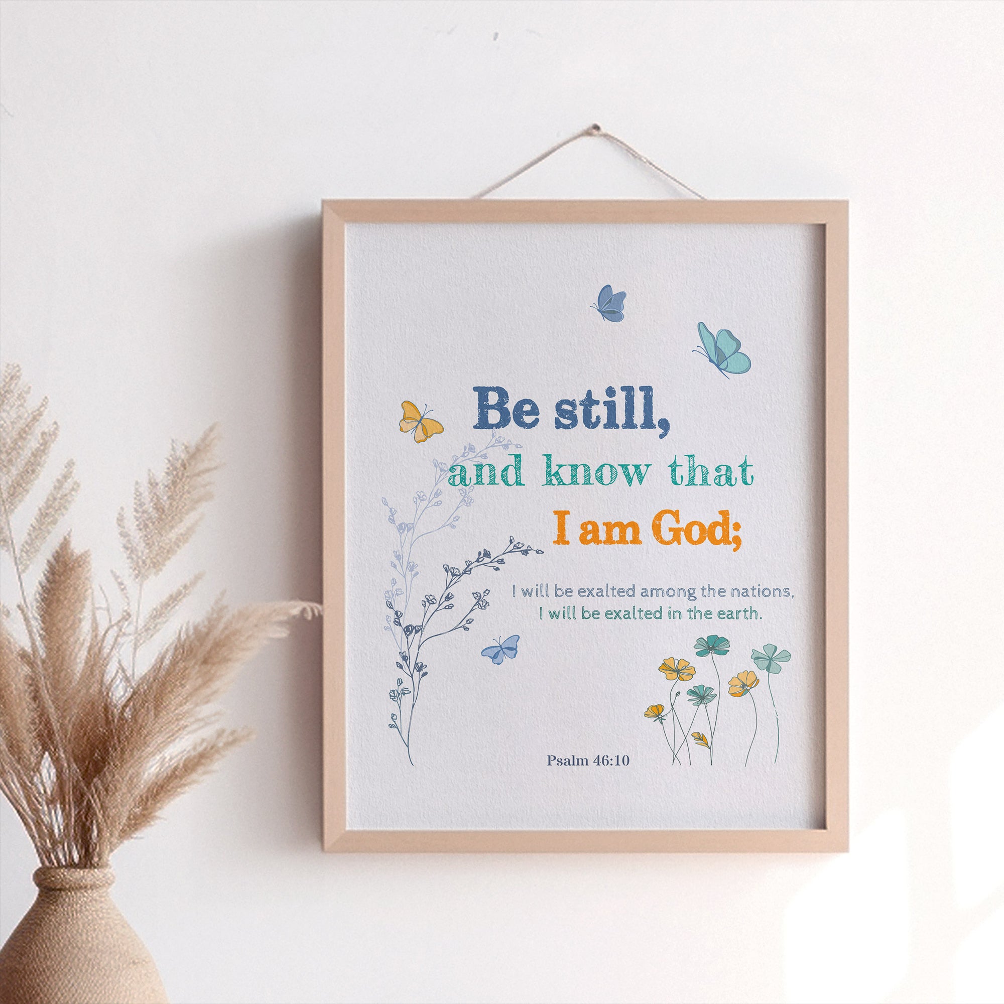 Psalm 46:10 Garden Series light gray wall art displayed in a home — Be still and know that I am God