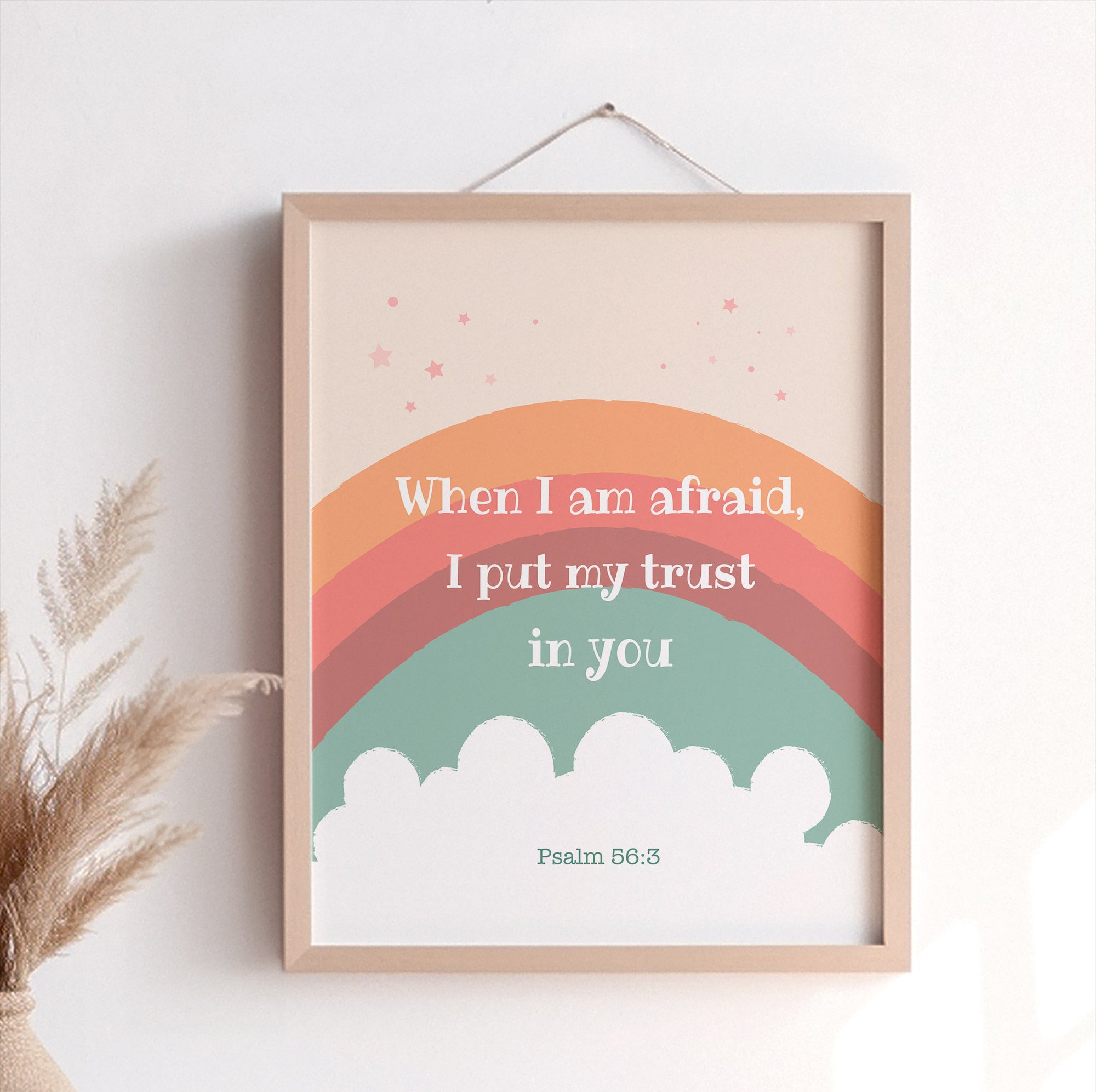 Psalm 56:3 scripture print for kids featuring rainbow and cloud design — When I am afraid, I put my trust in you