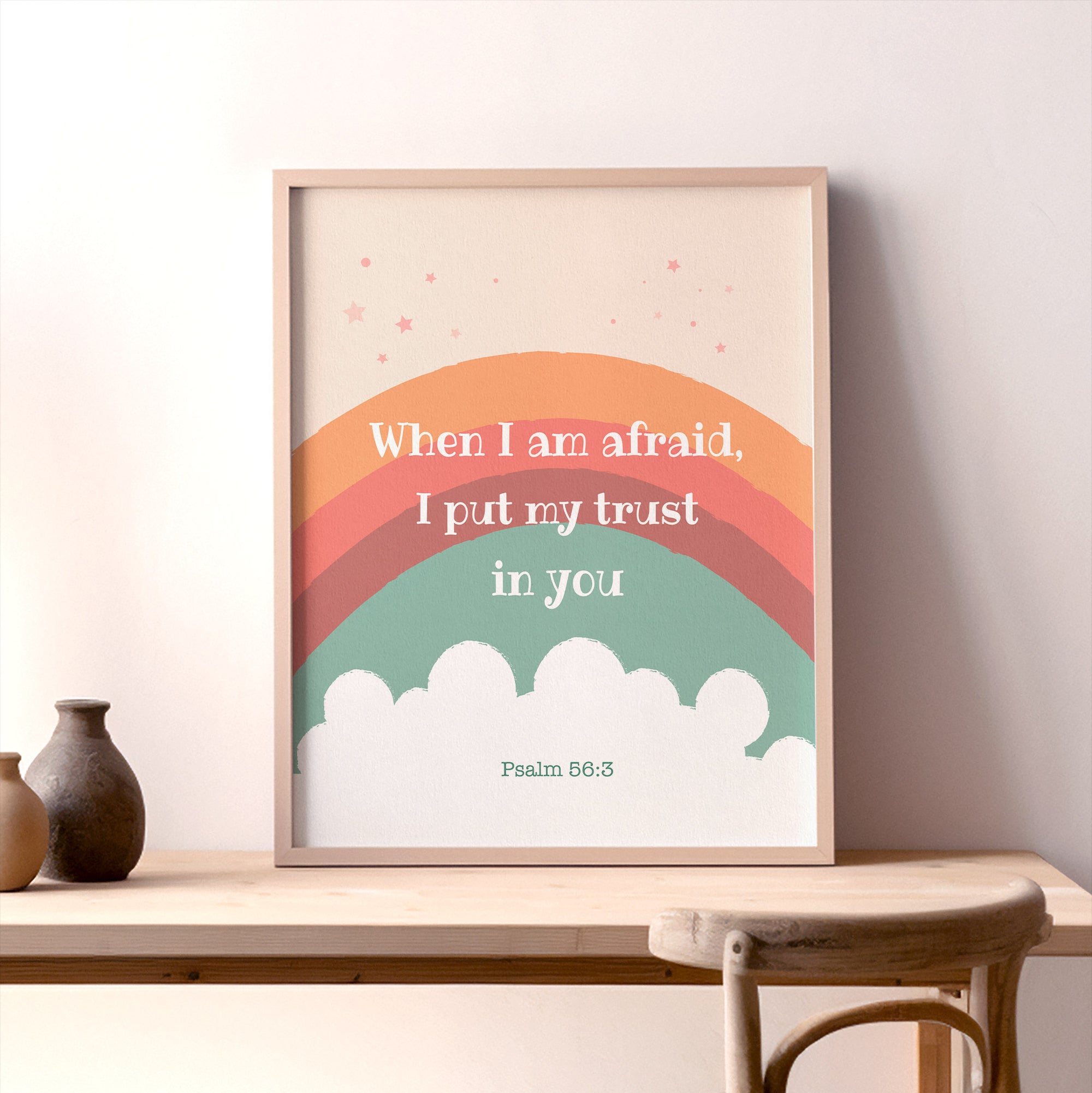 Rainbow and cloud kids wall art with Psalm 56:3 displayed in a nursery room