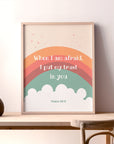 Rainbow and cloud kids wall art with Psalm 56:3 displayed in a nursery room