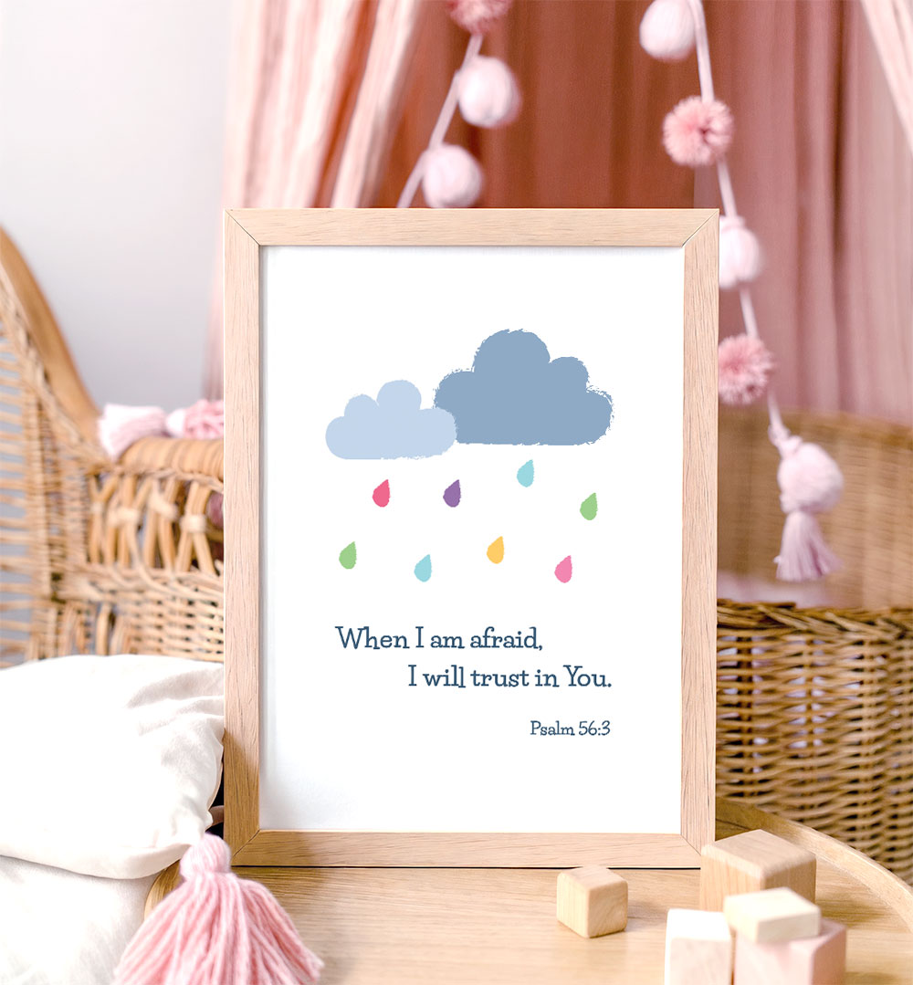 Psalm 56:3 scripture wall art displayed in bright nursery with rainbow raindrop design