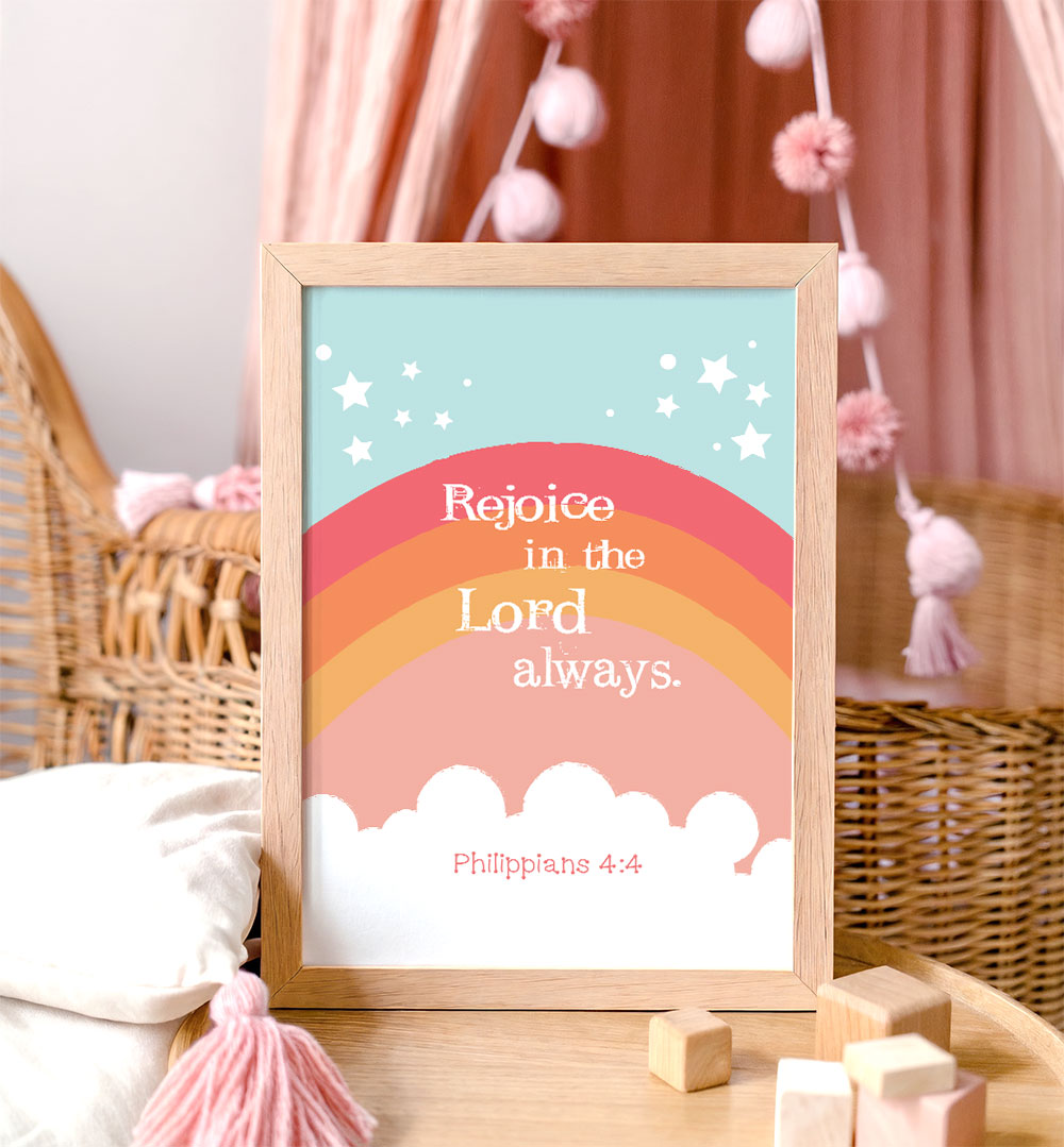 Modern orange rainbow Christian wall art with Philippians 4:4 scripture for kids room.