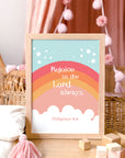 Modern orange rainbow Christian wall art with Philippians 4:4 scripture for kids room.