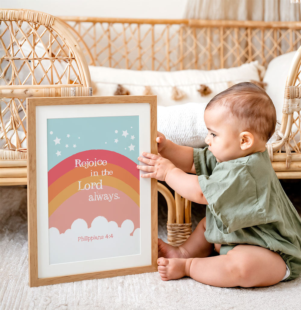 Modern orange rainbow Christian wall art with Philippians 4:4 scripture for kids room.