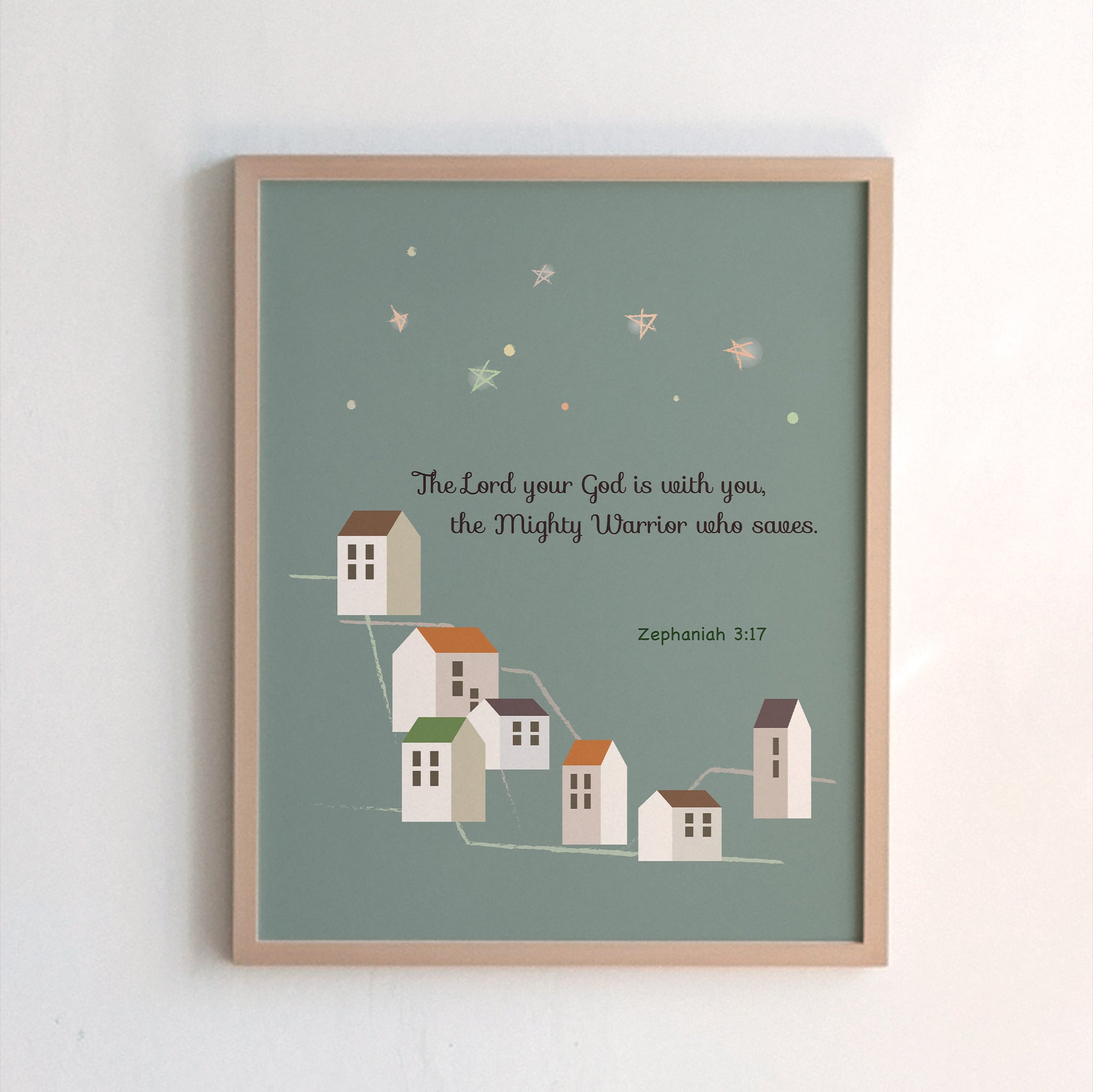 Zephaniah 3:17 sage kids scripture print with small town night sky and stars design — The Lord your God is with you