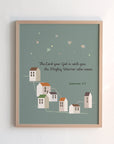 Zephaniah 3:17 sage kids scripture print with small town night sky and stars design — The Lord your God is with you