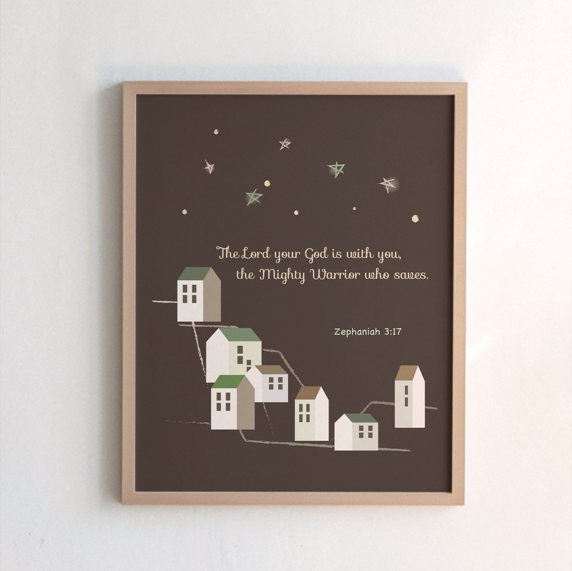 Zephaniah 3:17 kids scripture print with small town night sky and stars design — The Lord your God is with you