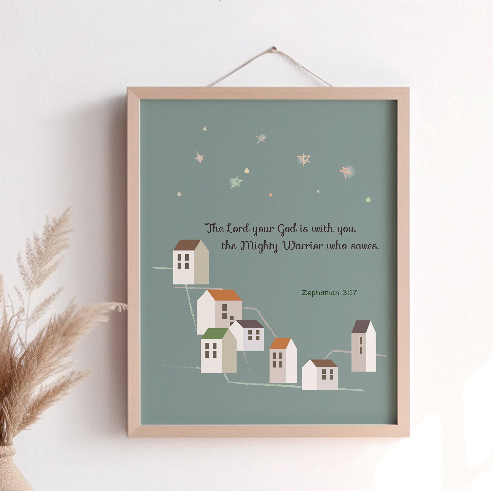 Christian kids print of Zephaniah 3:17 sage — The Lord your God is with you, the Mighty Warrior who saves