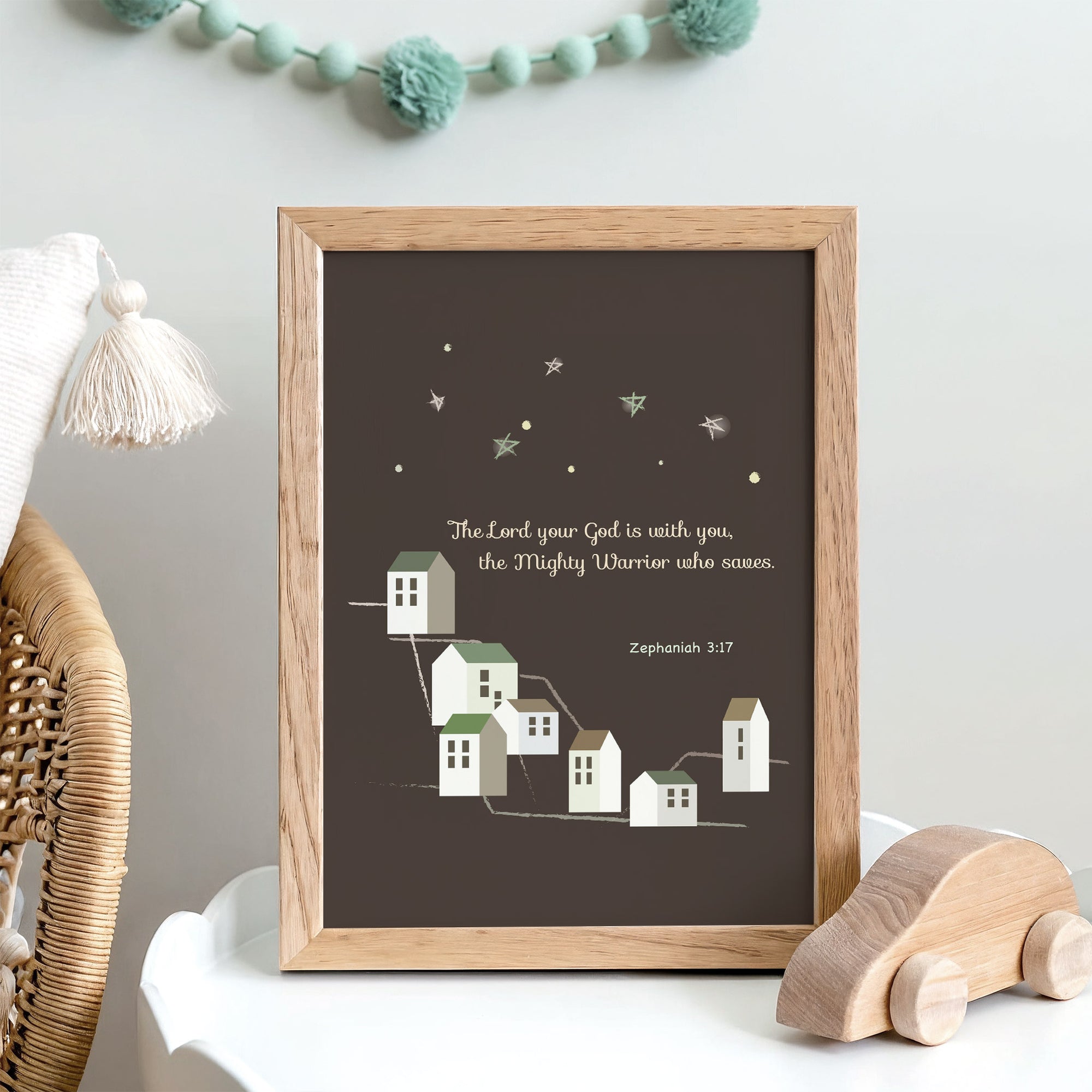Night sky kids wall art with Zephaniah 3:17 displayed in a nursery or toddler bedroom