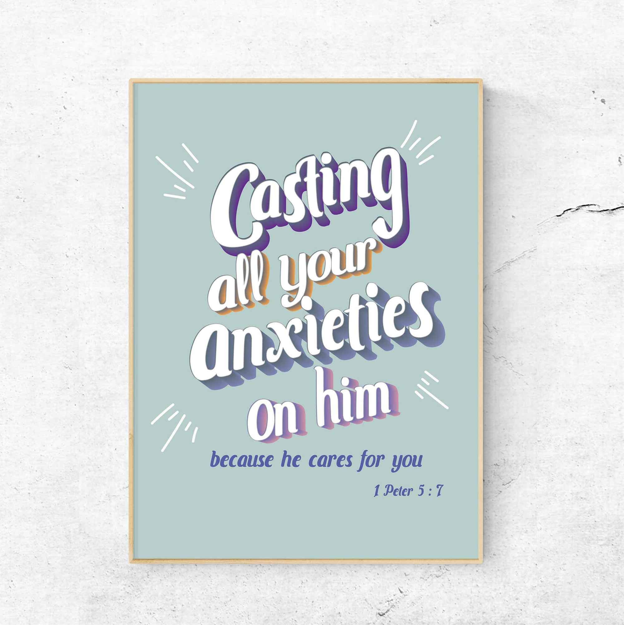 1 Peter 5:7 wall art featuring “Casting Your Anxieties” in pastel sage green for Christian teen room and office decor