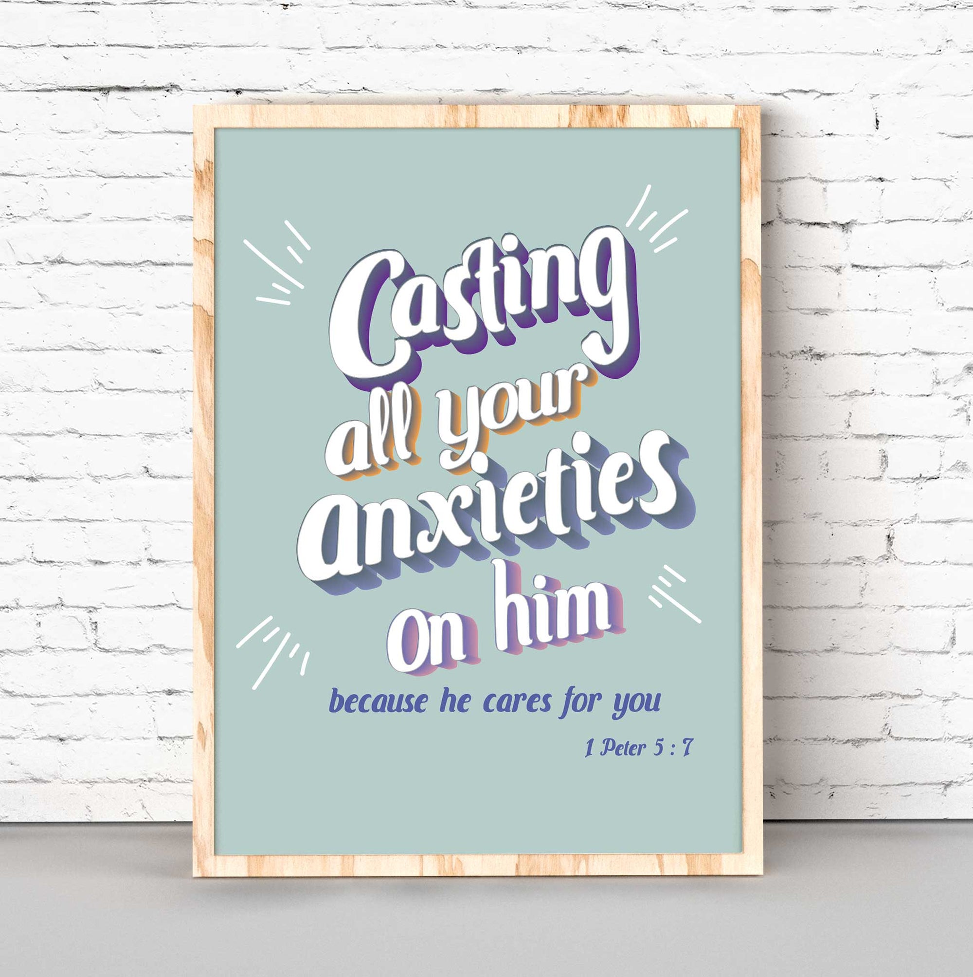 1 Peter 5:7 wall art featuring “Casting Your Anxieties” in pastel green for Christian teen room decor