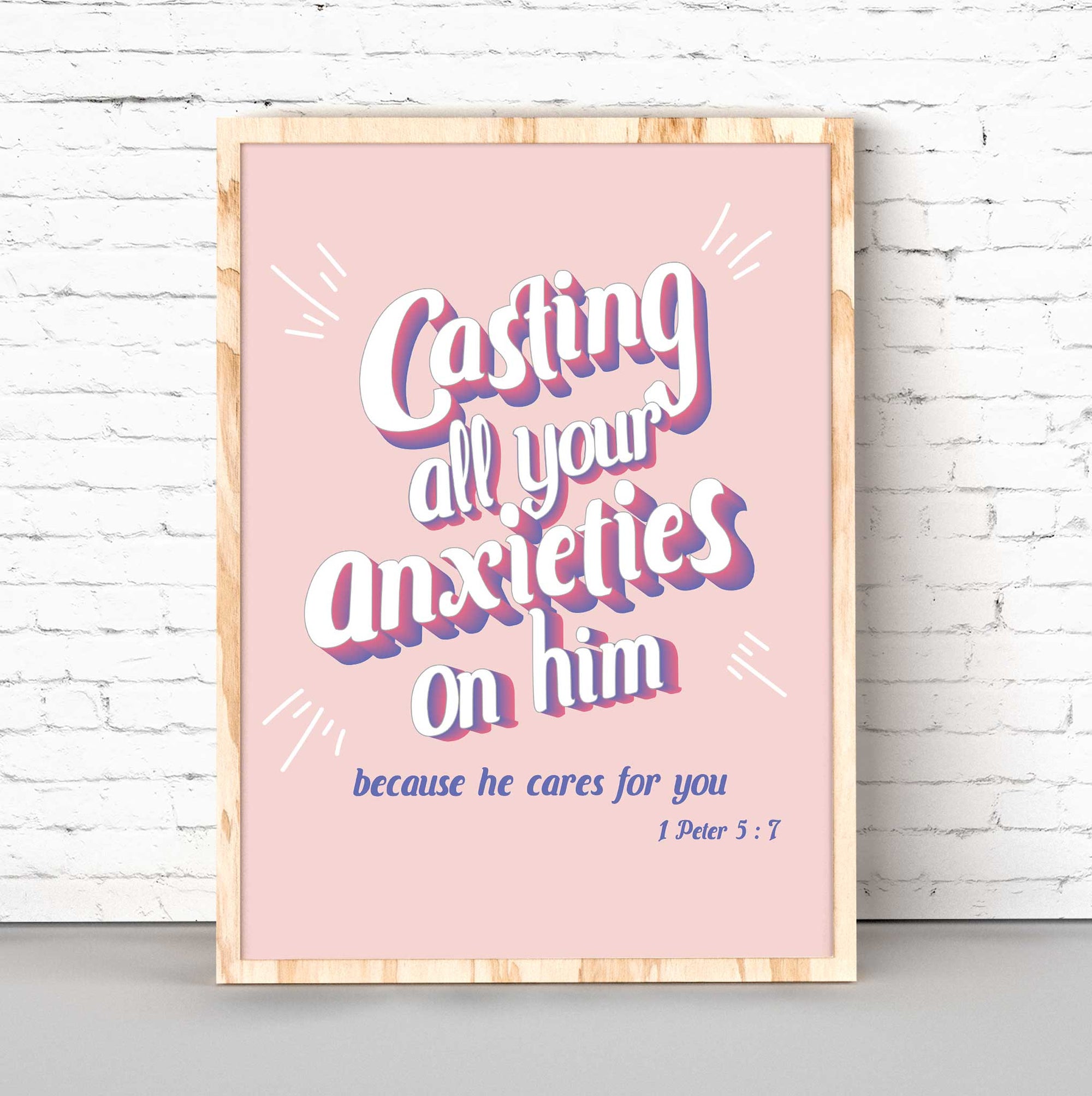 1 Peter 5:7 wall art featuring “Casting Your Anxieties” scripture for Christian teen room decor