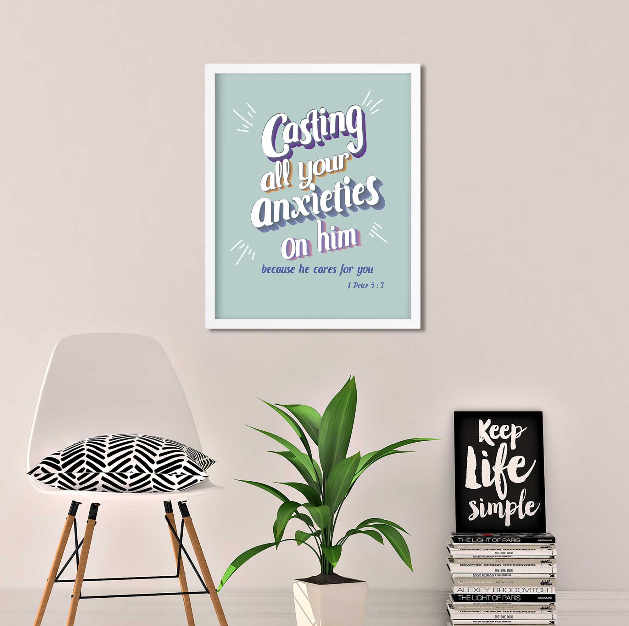 Minimal green 1 Peter 5:7 wall art for Christian teen bedroom decor