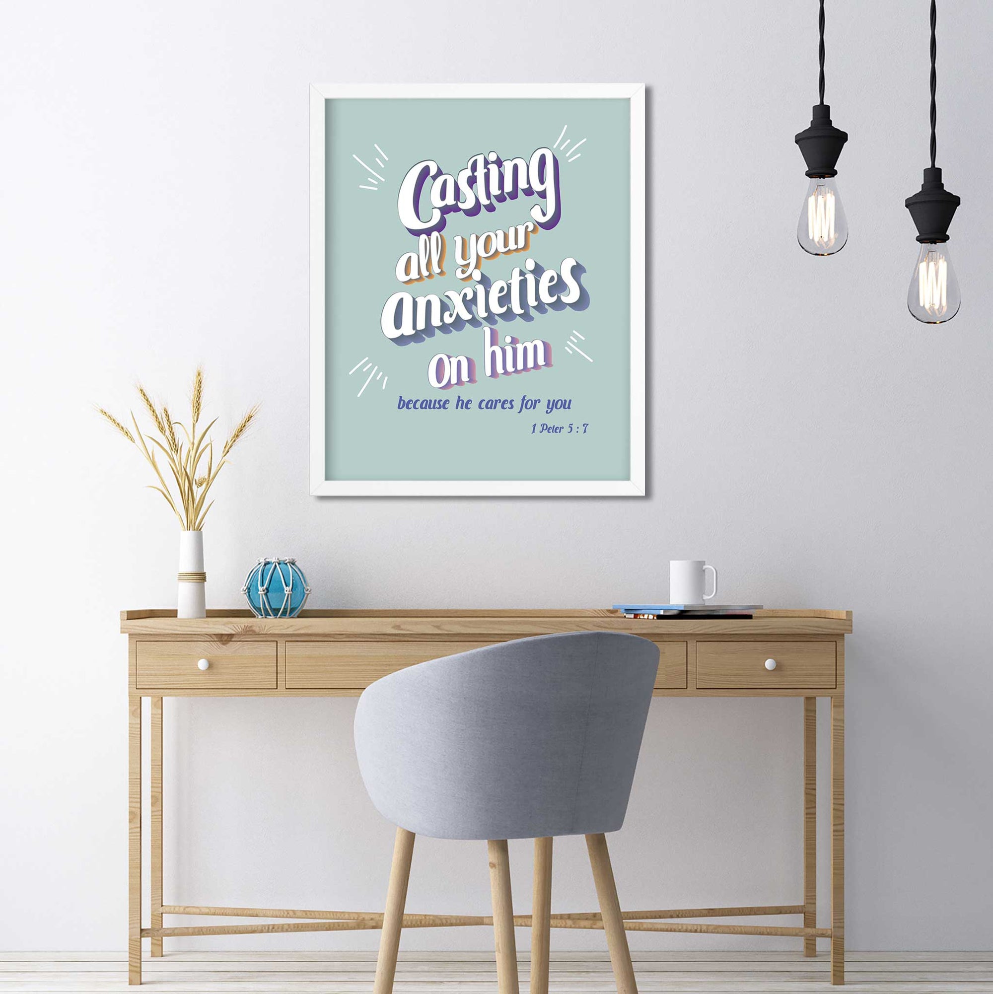 Christian teen study space decor with 1 Peter 5:7 calming green wall art