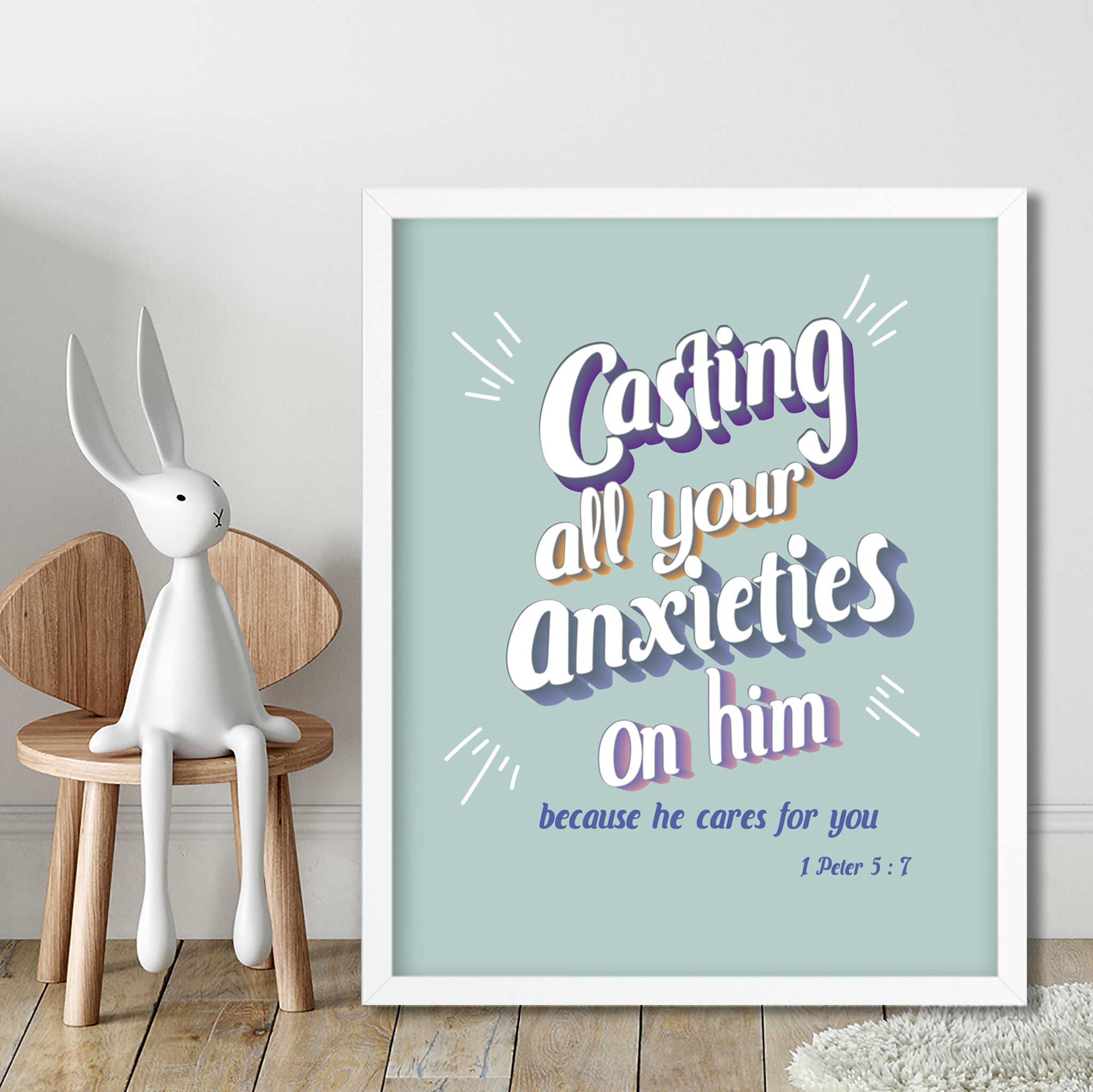 Pastel green 1 Peter 5:7 scripture wall art displayed in modern teen bedroom