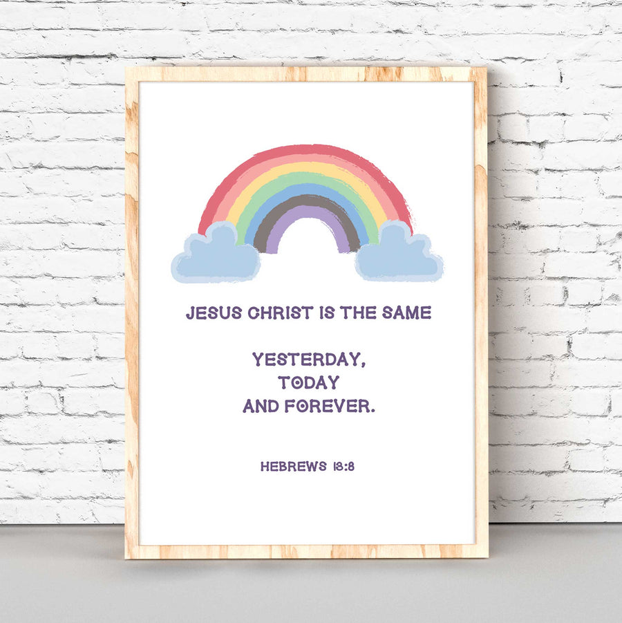 Hebrews 13:8 Rainbow Cloud-Jesus Christ is the same yesterday, today and forever. This Christian Nursery wall decor is a simply beautiful way to remind your little ones that God is always with them. Featuring an adorable rainbow and the Bible verseHebrews 13:8, this wall art is perfect for hanging in a bedroom or playroom. It makes a great Christian baby shower gift, too! Digital Printable Files.