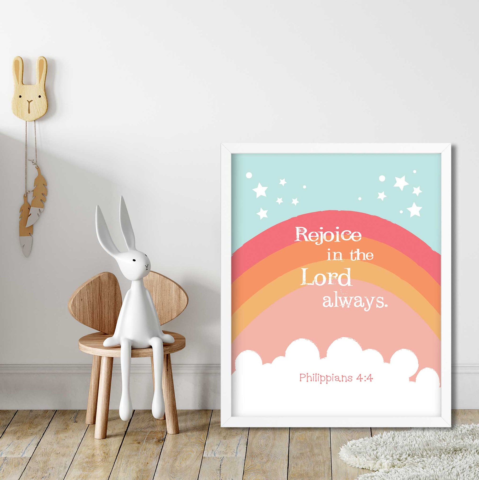 Christian kids room decor featuring Philippians 4:4 rainbow scripture art