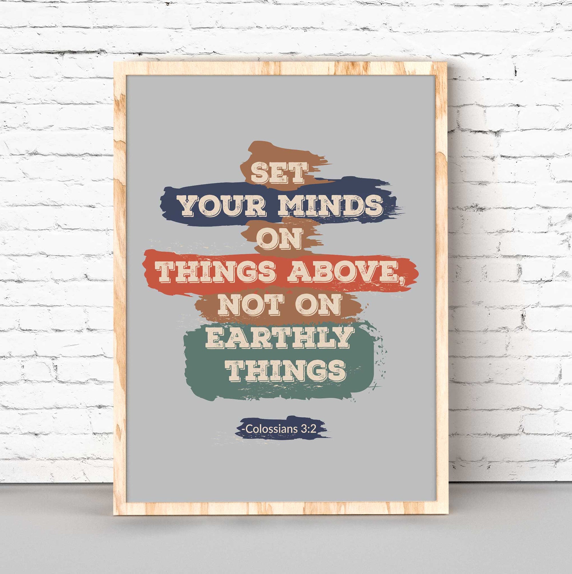Colossians 3:2 wall art featuring “Set Your Minds on Things Above” scripture for Christian teen room vintage decor