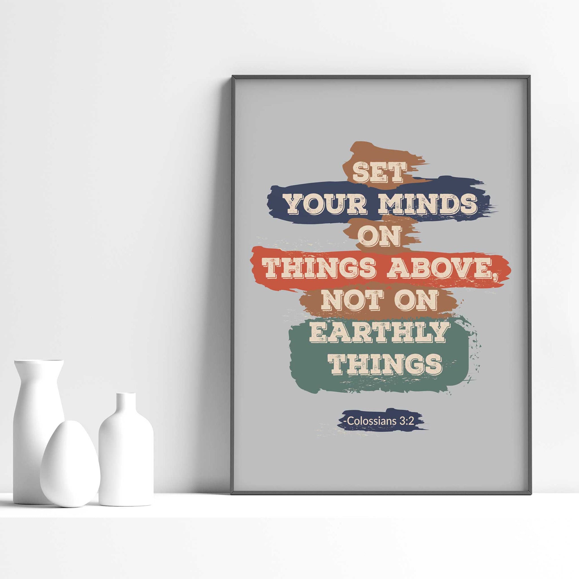 Colossians 3:2 wall art featuring “Set Your Minds on Things Above” scripture for Christian teen room decor