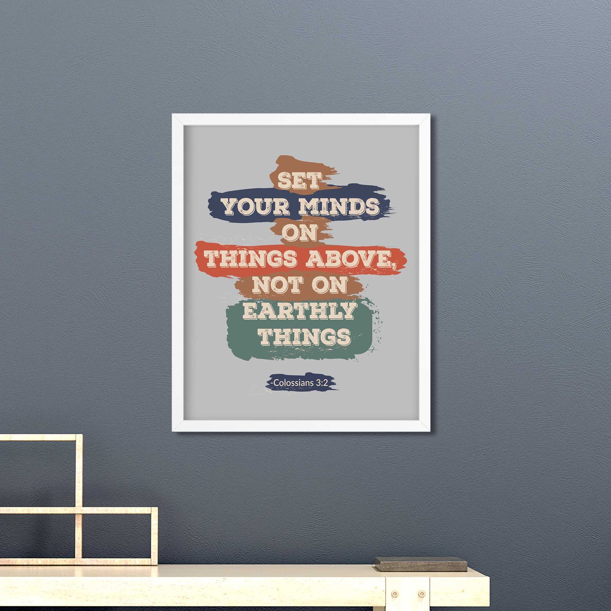 Colossians 3:2 scripture wall art displayed in vintage-style teen bedroom with navy tones